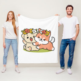 春の可愛さ – かわいい犬のイラストレーション フリースブランケット