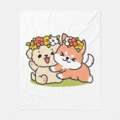 春の可愛さ – かわいい犬のイラストレーション フリースブランケット (正面)
