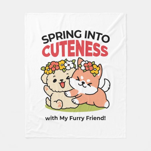 春の可愛さ – かわいい犬のイラストレーション フリースブランケット (正面)