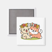 春の可愛さ – かわいい犬のイラストレーション マグネット (正面/裏面)