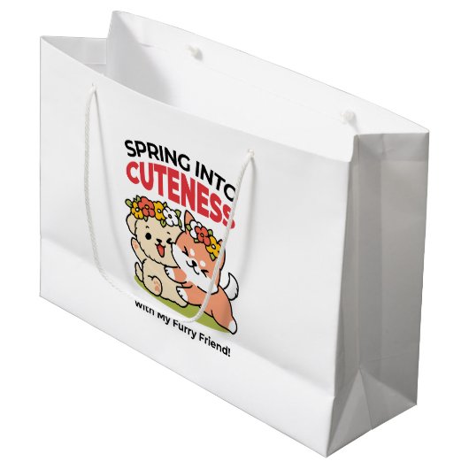 春の可愛さ – かわいい犬のイラストレーション ラージペーパーバッグ (正面アングル)