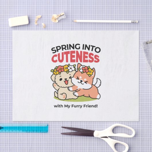 春の可愛さ – かわいい犬のイラストレーション 薄葉紙 (クラフト)