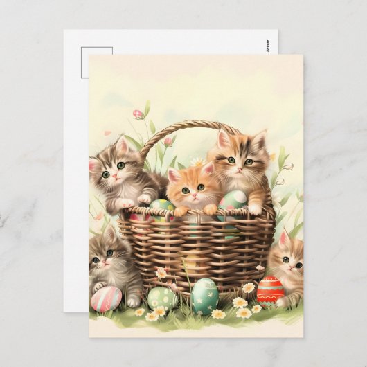 春の子猫イースターバスケット シーズンポストカード (正面/裏面)