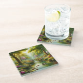 春の小川（アヒル/花） ガラスコースター (アングル)