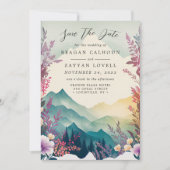 春の山々に咲く花々のセーブ・ザ・デートカード 招待状 (正面)