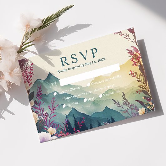 春の山の花ウェディングRSVPカード 出欠カード