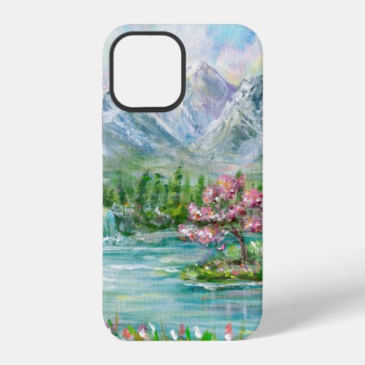 春の山の風景。オリジナルアクリル手描き iPhoneケース (裏面)