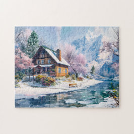 春の山小屋と花々 ジグソーパズル