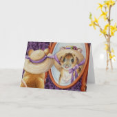 春の帽子をかぶったネズミの鏡 水彩画アート カード (黄色い花)