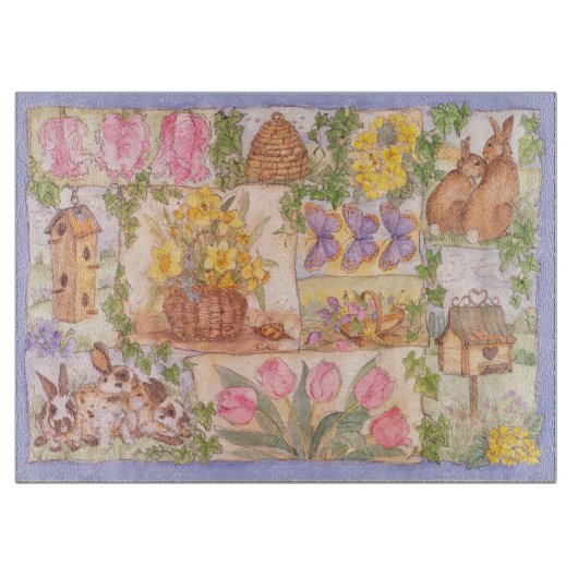 春の庭のガラスまな板 カッティングボード (正面)