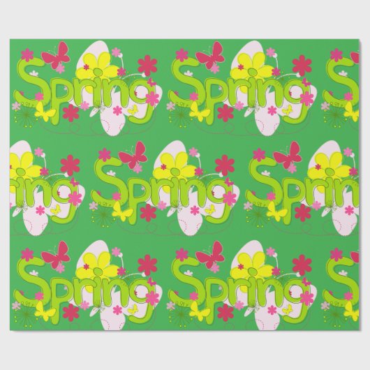 春の庭のタイポグラフィー 花 ちょうちょ ラッピングペーパー (フラット)
