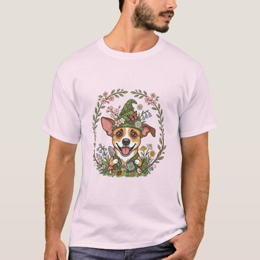 春の庭のノーム犬Tシャツ Tシャツ (正面)