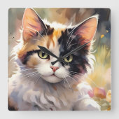 春の庭の三毛猫と蝶々 スクエア壁時計 (正面)