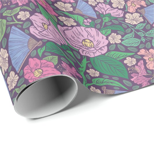 春の庭の母の日 ポピー 日本の扇子 ラッピングペーパー (ロールコーナー)