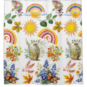 春の庭の蝶の虹の太陽の光の緑 シャワーカーテン (正面)