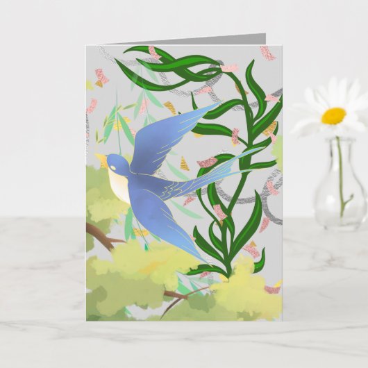 春の庭の鳥のグラフィック カード (小さな植物)