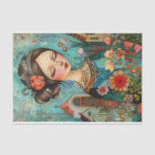 春の庭園のカラフルな花の少女のデコパージュ 薄葉紙 (正面)