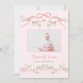 春の庭園 ピンクとグリーン 1歳の誕生日写真 サンキューカード (正面)