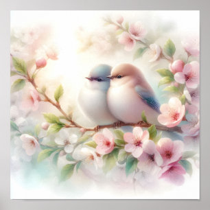 春の恋する小鳥 桜の花 フローラル ポスター