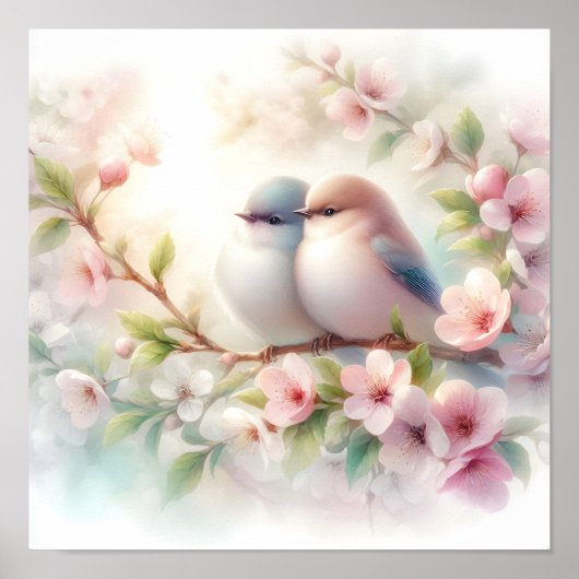 春の恋する小鳥 桜の花 フローラル ポスター (正面)