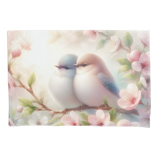 春の愛の鳥 桜の花 フローラル 枕カバー (正面)
