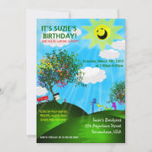 春の時間のおもしろいが公園の誕生日パーティー招待状 招待状 (正面)