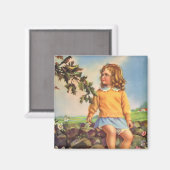 春の木で鳥を見るヴィンテージの少女 マグネット (正面/裏面)