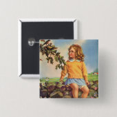 春の木の上で鳥を見るヴィンテージの少女 缶バッジ (正面&裏面)