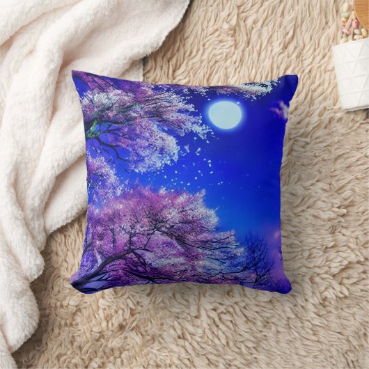 春の木、月、青空。 クッション (ブランケット)