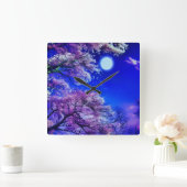 春の木、月、青空。 スクエア壁時計 (ホーム)