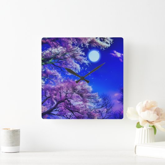 春の木、月、青空。 スクエア壁時計 (ホーム)