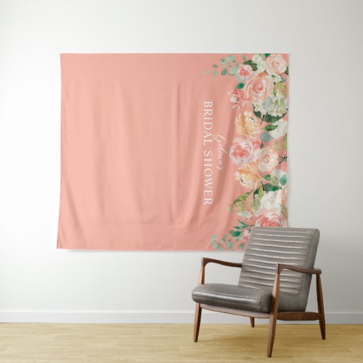 春の桃の花の水彩画の花の背景 シャワー タペストリー (インサイチュ(横))