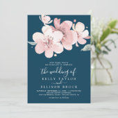 春の桜の大きい花 | ネイビーの結婚式 招待状 (スタンド正面)