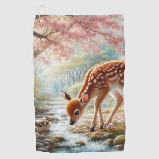 春の森で鴨と子鹿 ゴルフタオル (正面)
