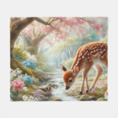 春の森で鴨と子鹿 フリースブランケット (正面(横))