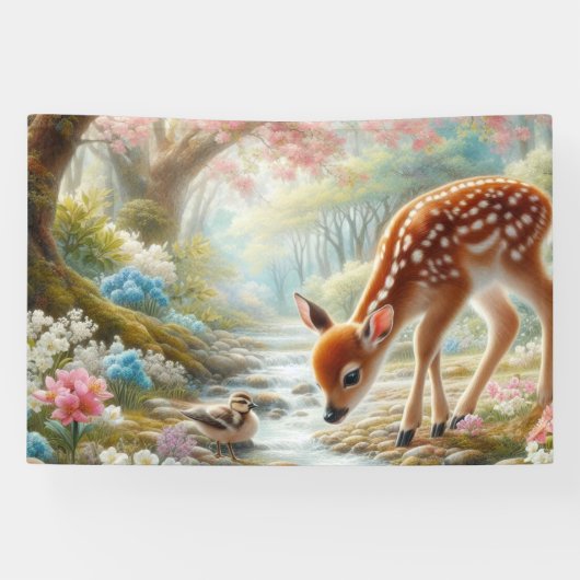 春の森で鴨と子鹿 横断幕 (横)