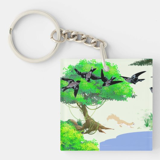 春の森の鳥とリスとの生活 – Natur キーホルダー (正面)