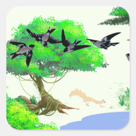 春の森の鳥とリスとの生活 – Natur スクエアシール