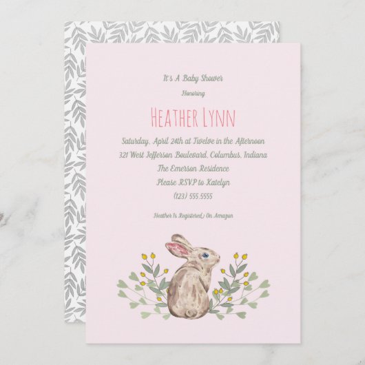 春の森林ウサギの女の赤ちゃんのシャワーの招待状 招待状 (正面/裏面)