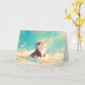 春の水しぶきの中のカワウソ カード (黄色い花)