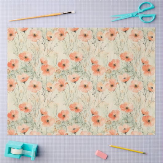 春の水の色のポピーのパターンの切り離し 薄葉紙 (クラフト)