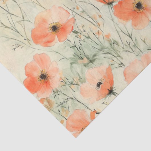 春の水の色のポピーのパターンの切り離し 薄葉紙 (詳細)