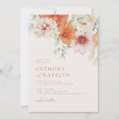 春の水彩コーラルピーチの花咲く結婚式の写真 招待状 (正面)