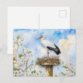 春の水彩画の巣に立つ白いコウテイペンギン ポストカード (正面/裏面)