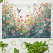 春の水彩画の鳥 花のモノグラム ワイルドフラワー キッチンタオル (折り畳み)