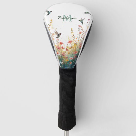 春の水彩画の鳥 花のモノグラム ワイルドフラワー ゴルフヘッドカバー (正面)