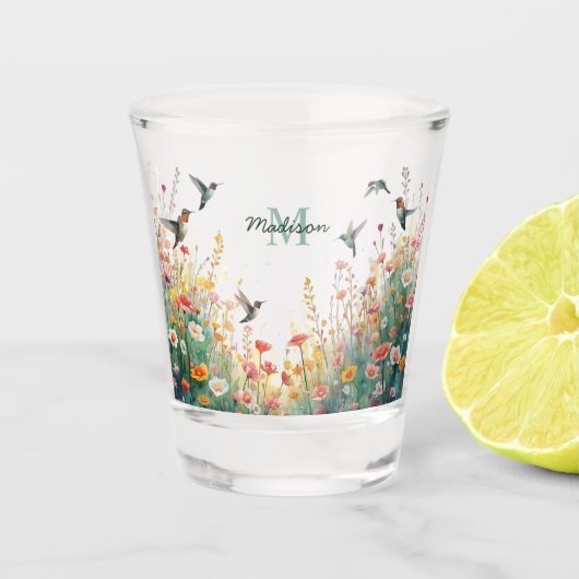 春の水彩画の鳥 花のモノグラム ワイルドフラワー ショットグラス (正面)