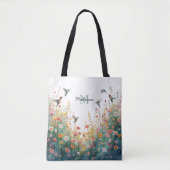 春の水彩画の鳥 花のモノグラム ワイルドフラワー トートバッグ (正面)
