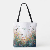 春の水彩画の鳥 花のモノグラム ワイルドフラワー トートバッグ (裏面)