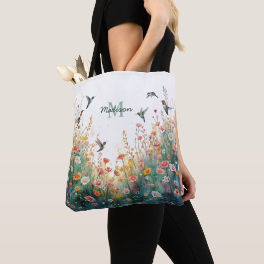 春の水彩画の鳥 花のモノグラム ワイルドフラワー トートバッグ (クローズアップ)